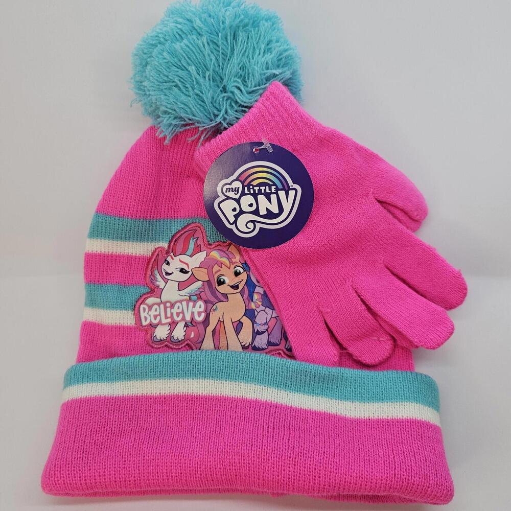 My Little Pony Girls Hat & Gloves Set Pink Teal‎ White Believe NEW